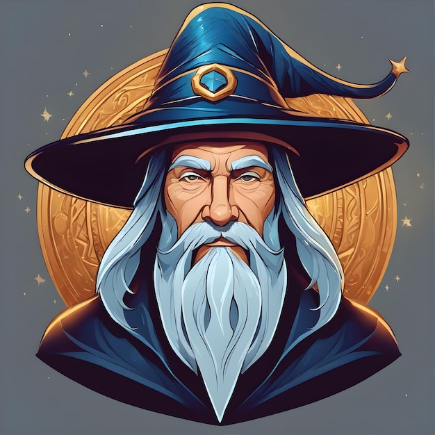 Illustration of a wizard in a hat with a beard and mustache