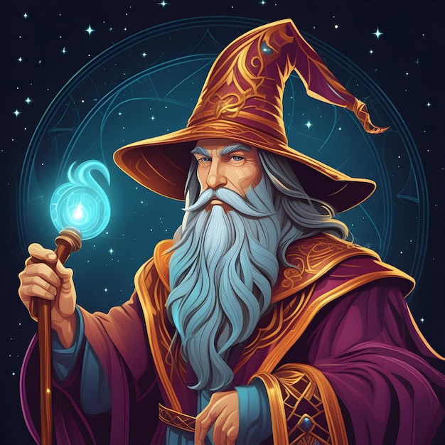 Illustration of a wizard with a magic wand on a dark background