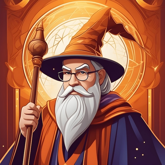 Illustration of a wizard with a magic wand on a magic background