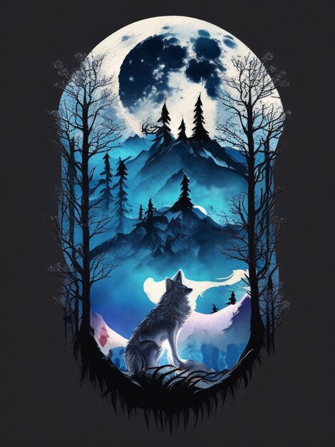 Illustration of a wolf in the forest against the background of the moon