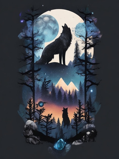 Illustration of a wolf in the forest against the background of the moon