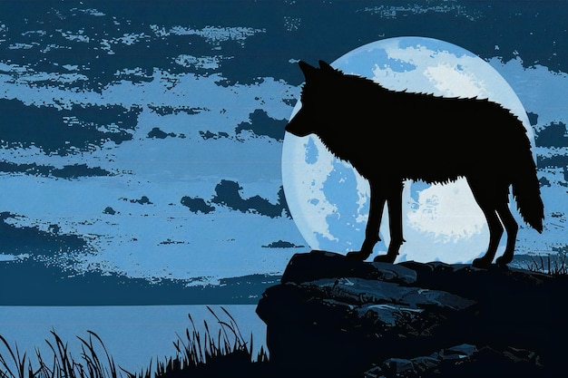 Illustration of a wolf in front of a full moon in the night