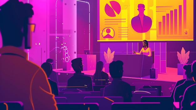 An illustration of a woman giving a presentation to a crowd in a large room