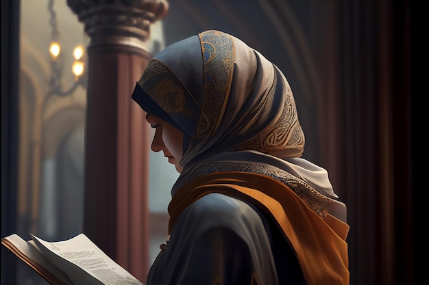 Illustration of woman in hijab praying in the mosque