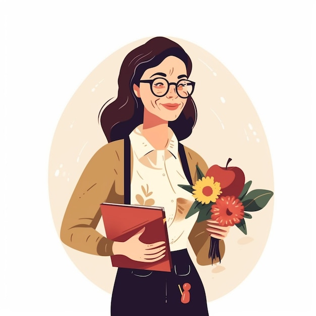 Illustration of a woman holding a bouquet of flowers and a book generative ai