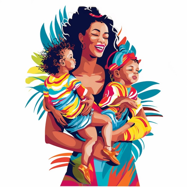 An illustration of a woman holding two children and a woman holding a palm leaf.