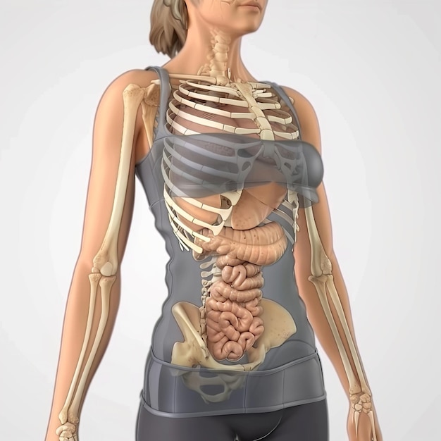 Photo illustration of woman internal body structure on white background