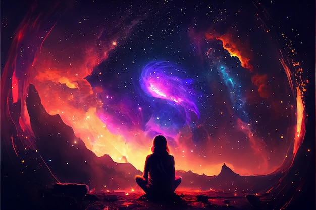 Illustration of woman in lotus position meditating in stars space milky way backgroundAI