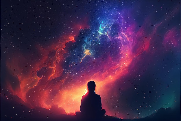 Illustration of woman in lotus position meditating in stars space milky way backgroundAI