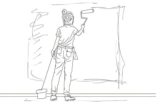 Photo a illustration of a woman painting a wall with a roller created in a single continuous line drawing style generative ai