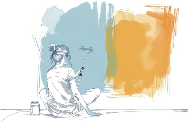 Photo illustration of a woman painting a wall with a roller sitting on the floor the wall is half blue half yellow depicts home renovation generative ai