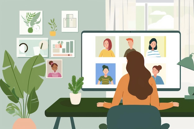 Photo illustration of a woman participating in a video conference call from her home engaging with diverse colleagues over a digital platform