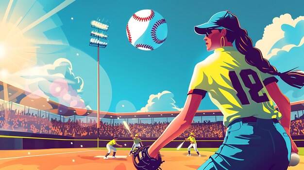 Photo illustration of woman playing softball international softball day