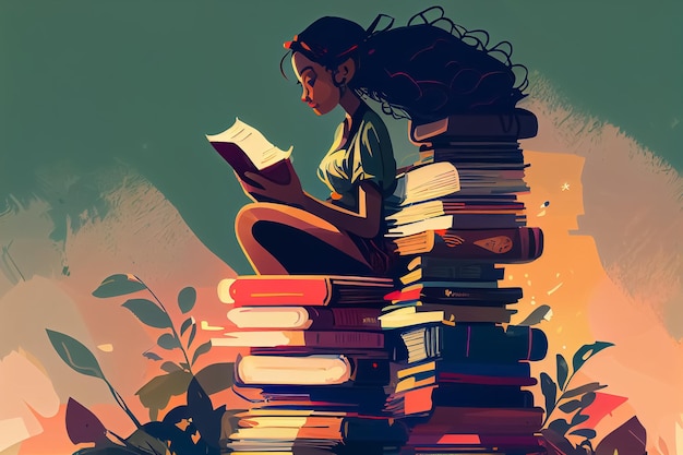 Illustration of woman preparing to exam with many books AI