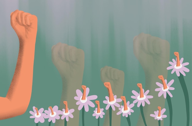 Illustration woman's fist with flowers and space for text women's day