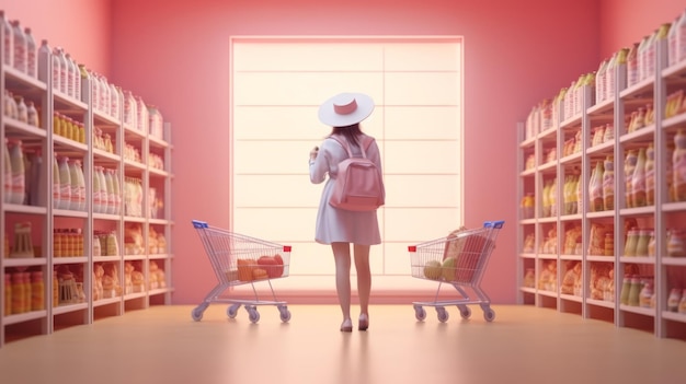 Illustration of a woman shopping with a cart in a supermarket