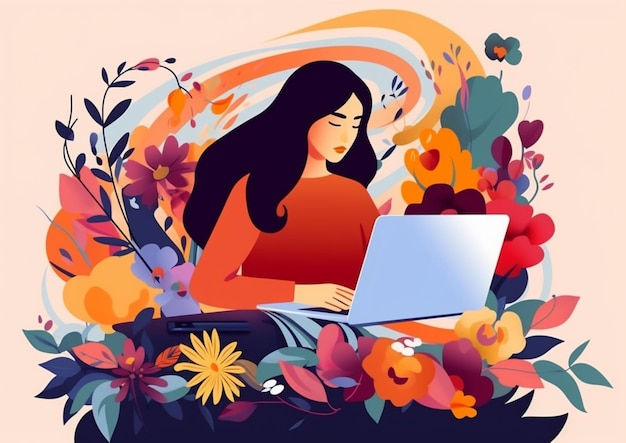 Illustration of a woman sitting in front of a laptop surrounded by flowers generative ai