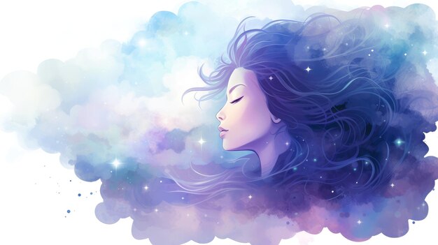 Illustration of woman sleeping and dreaming Psychic girl considers mind and heart spirituality