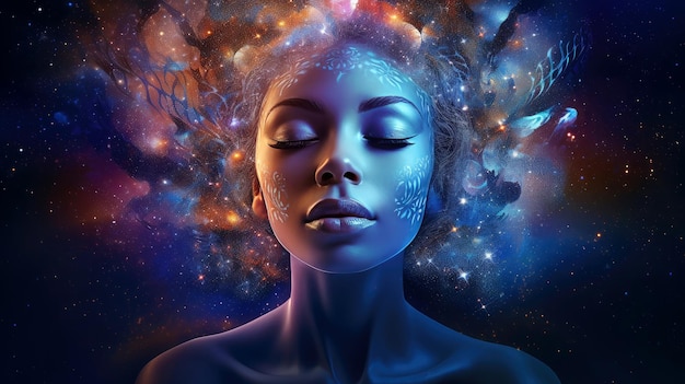 Illustration of woman sleeping and dreaming Psychic girl considers mind and heart spirituality