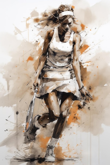 Illustration of woman tennis player in style of Watercolor painting with splashes ai generative