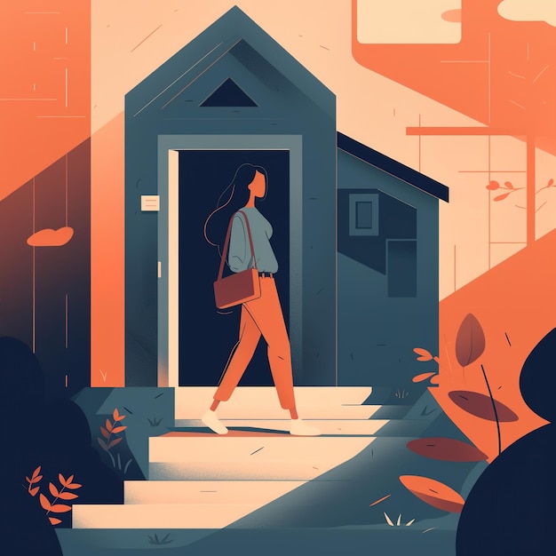 An illustration of a woman walking in front of a house.