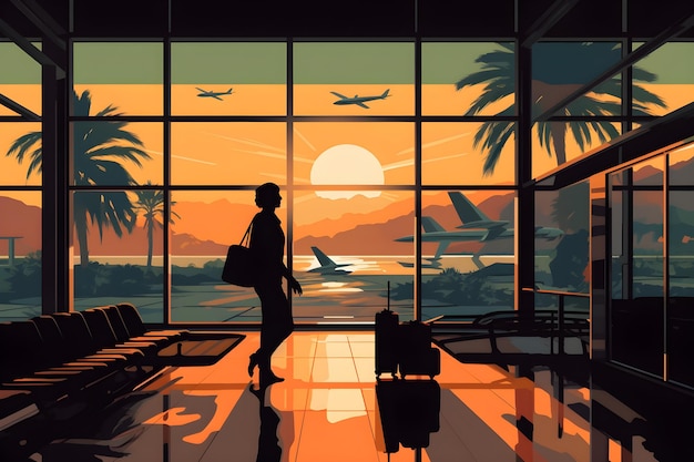 An illustration of a woman walking through an airport with a plane in the background.