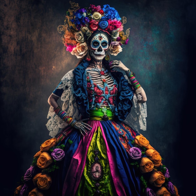 illustration of a woman wear make up and dress in skull Day of the Dead or Da de los Muertos