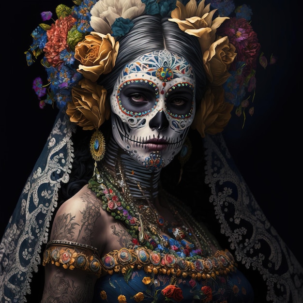 illustration of a woman wear make up and dress in skull Day of the Dead or Da de los Muertos