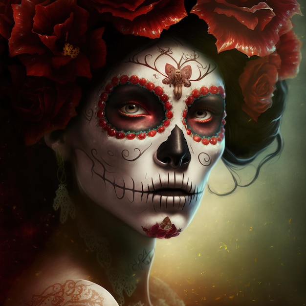 illustration of a woman wear make up and dress in skull Day of the Dead or Da de los Muertos