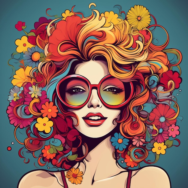 illustration of a woman with a flowered hair and sunglasses generative ai