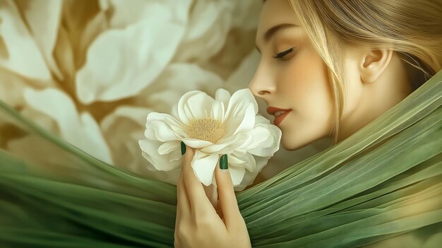 Photo an illustration of a woman with flowers and a veil in soft green tones