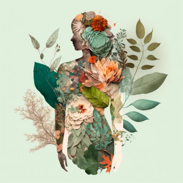 An illustration of woman with leaves and flowers Generative AI