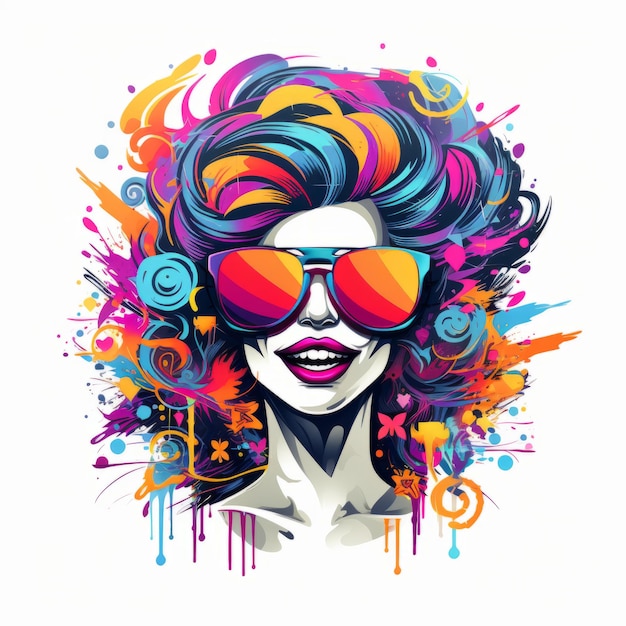 an illustration of a woman with sunglasses and colorful hair