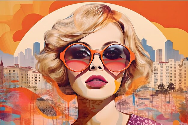 Illustration of a woman with sunglasses in a style inspired by pop art and dreamlike composition travel retro glamour Generative AI