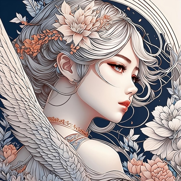 an illustration of a woman with white hair and an angel's wings ai generated images