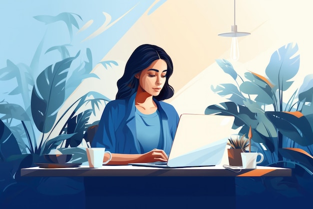 Illustration of woman working in office creative thinking realistic