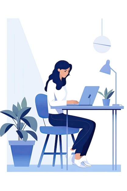 illustration woman working remotely on laptop computer on white background