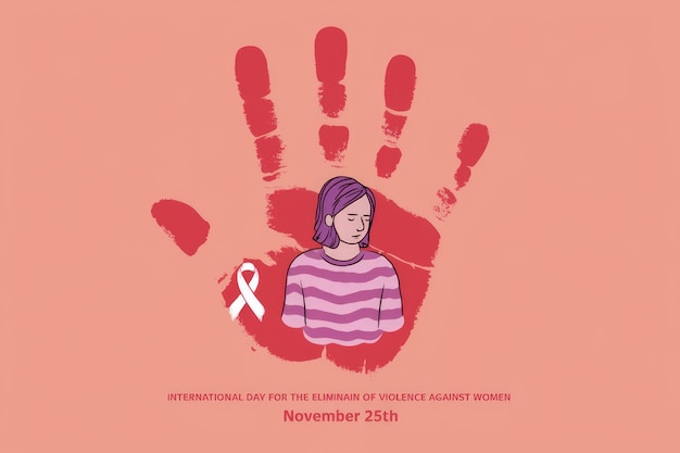 Photo illustration of womans handprint with ribbon for anti violence day