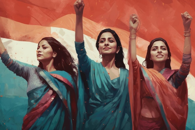 An illustration of women holding flags inspired by Indian pop culture portraying the concept of strong and empowered women Generative AI