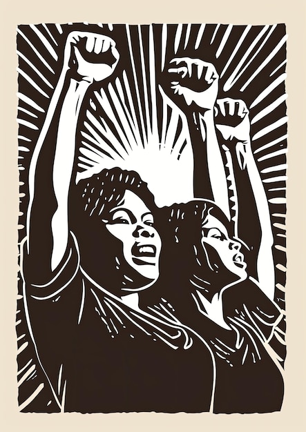 Illustration of women raised fists activism concept vintage placard style