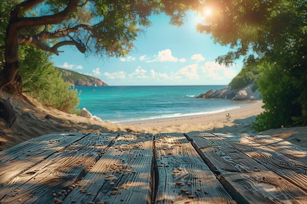 Photo illustration of wooden table on a background showing a beach and a green