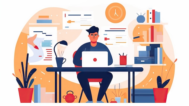 Illustration working at the desk with a laptop home office concept colorful illustration vector