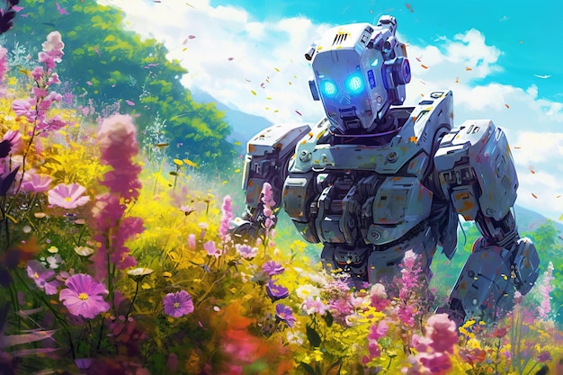 Illustration of working in a field with flowers Generative AI