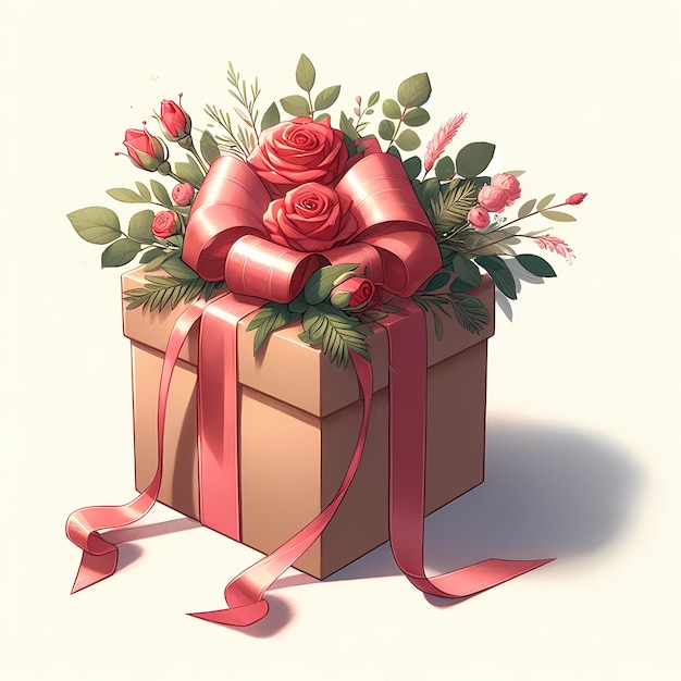 illustration of a wrapped present adorned with a ribbon and a bouquet of roses