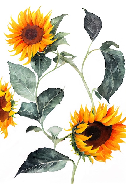 Illustration of Yellow Sunflower in Watercolor Painting Style