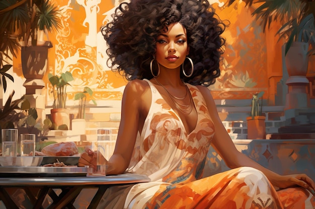 illustration of young africanamerican woman sitting on a terrace