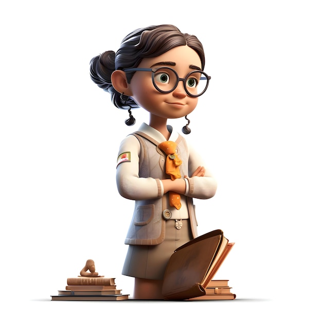 Illustration of a young girl scout with a book on a white background