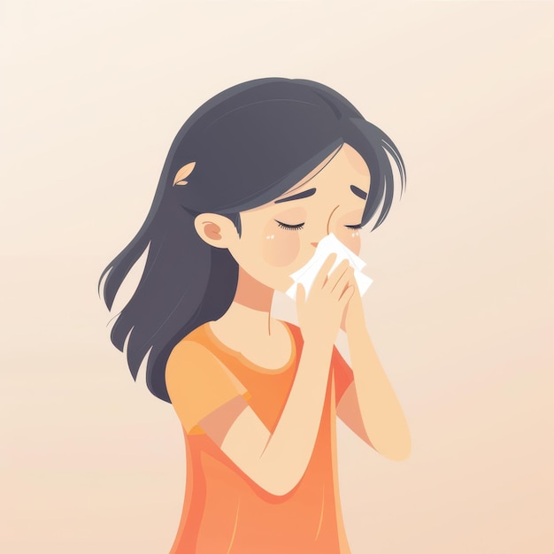 Illustration of a Young Girl Sneezing into Tissue Health and Hygiene Concept