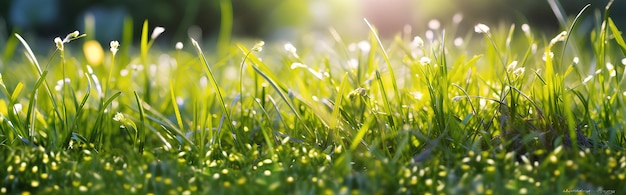 Illustration of young juicy green green grass with white dandelions Macro bokeh sunlight AI