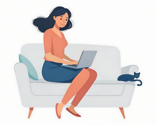 Photo an illustration of a young woman multitasking with her laptop and phone on the sofa